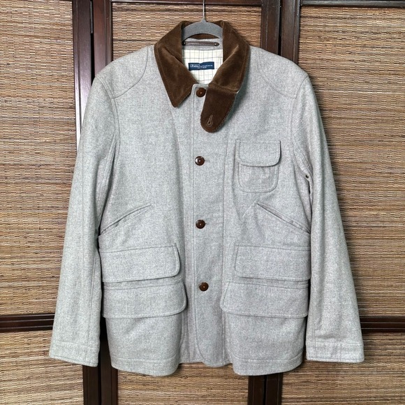 VTG POLO RALPH LAUREN M Grey wool leather Brown Corduroy Collar  Hunter Jacket - Picture 1 of 16